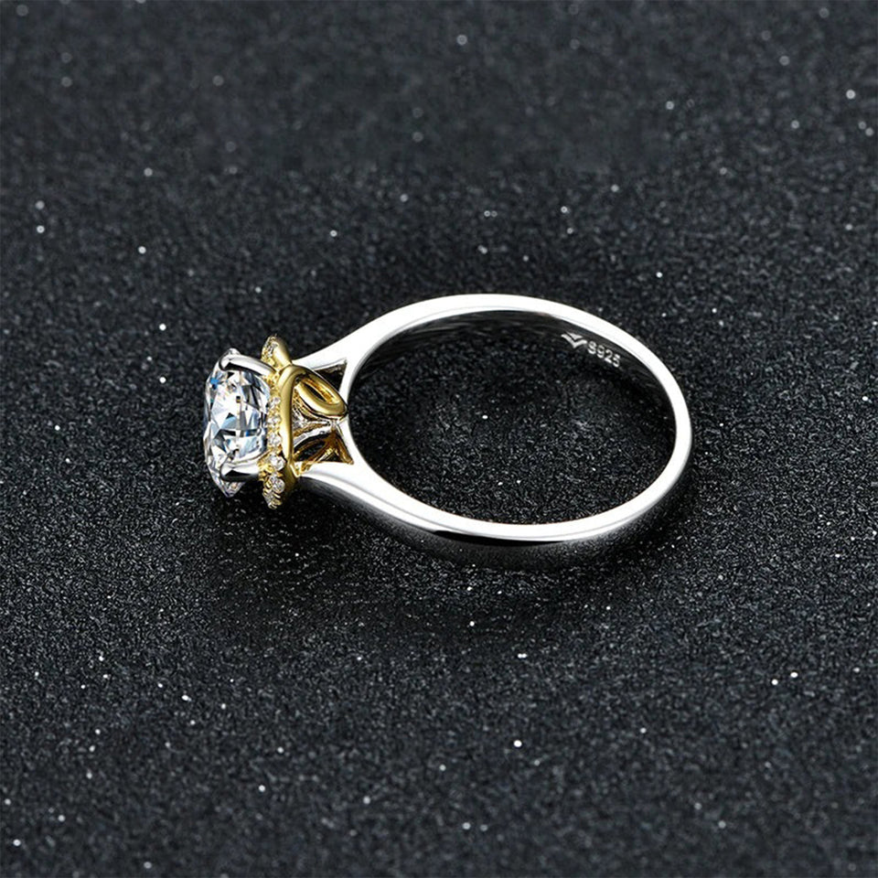 Moissanite Luxury Two Tone Halo Sterling Silver Ring