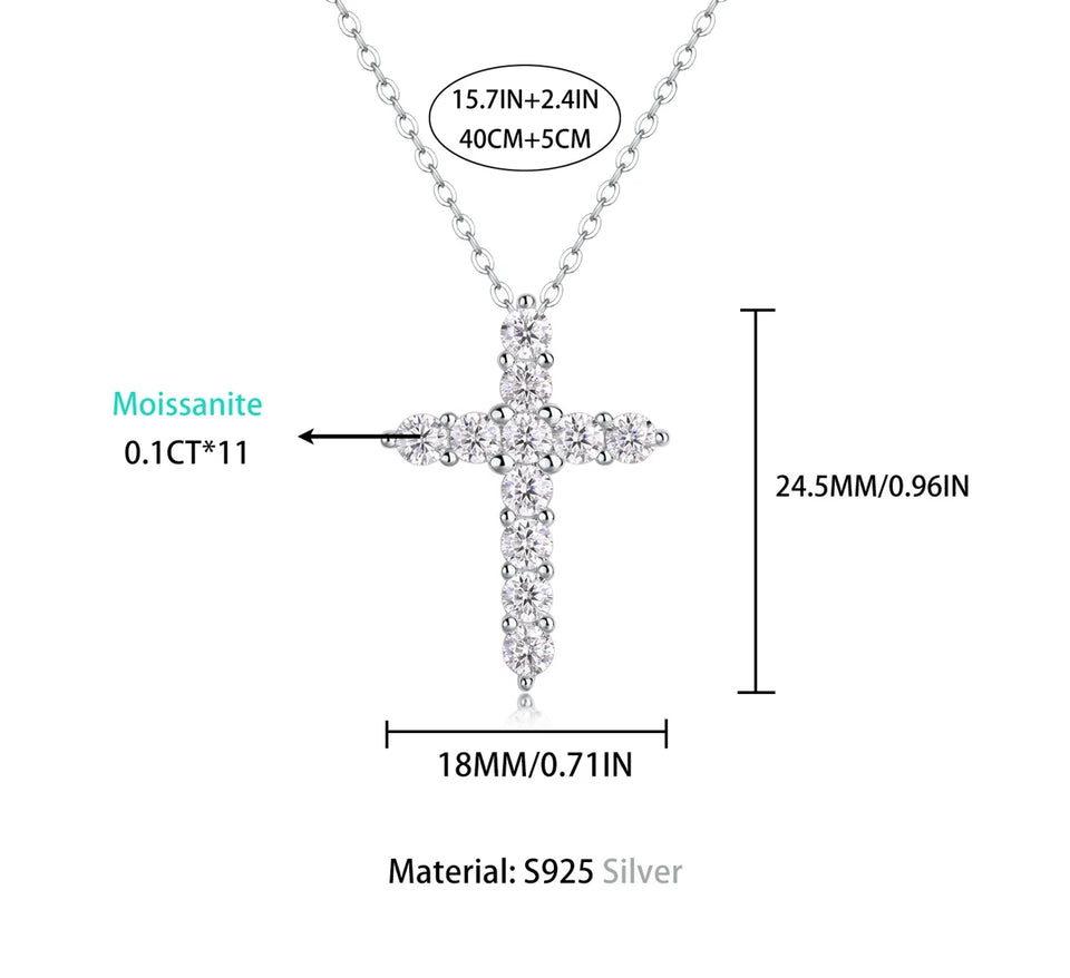 Real Moissanite Cross Sterling Silver Necklace