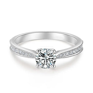 Round Moissanite Four Prong Side Stones Promise Engagement Ring