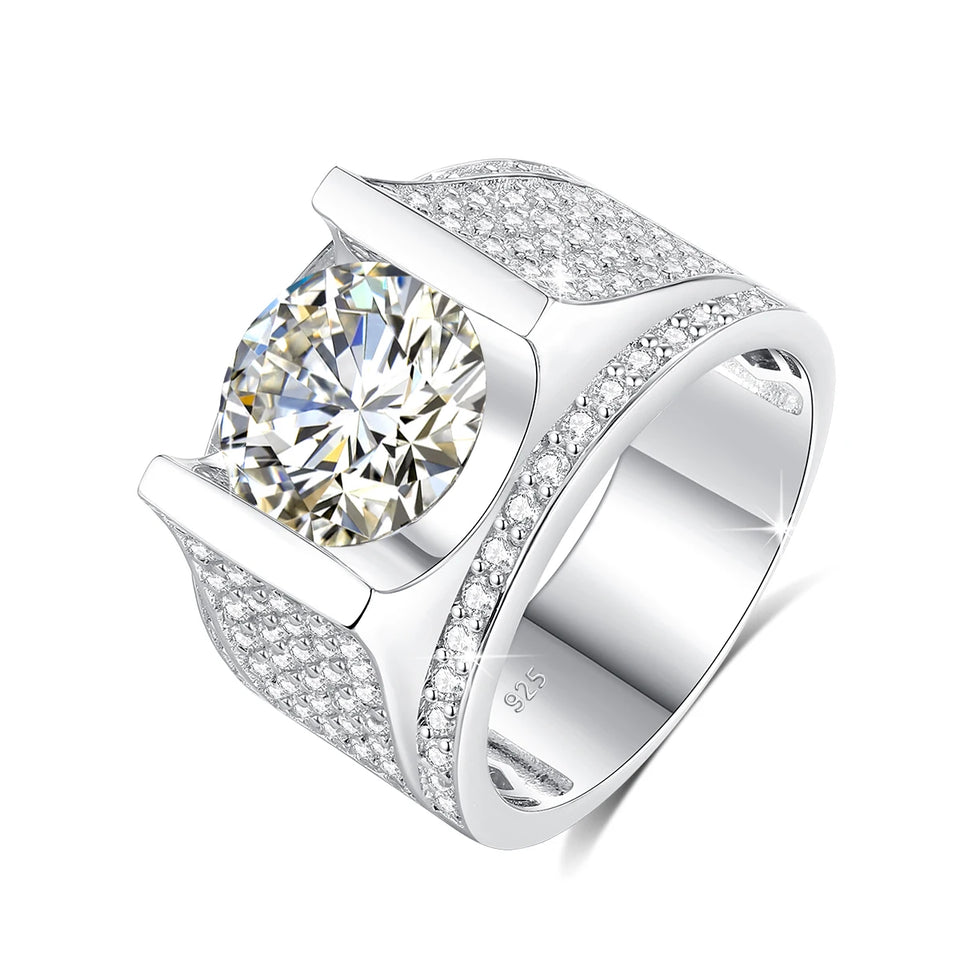 Fashion Round Moissanite Side Stone Sterling Silver Ring For Men