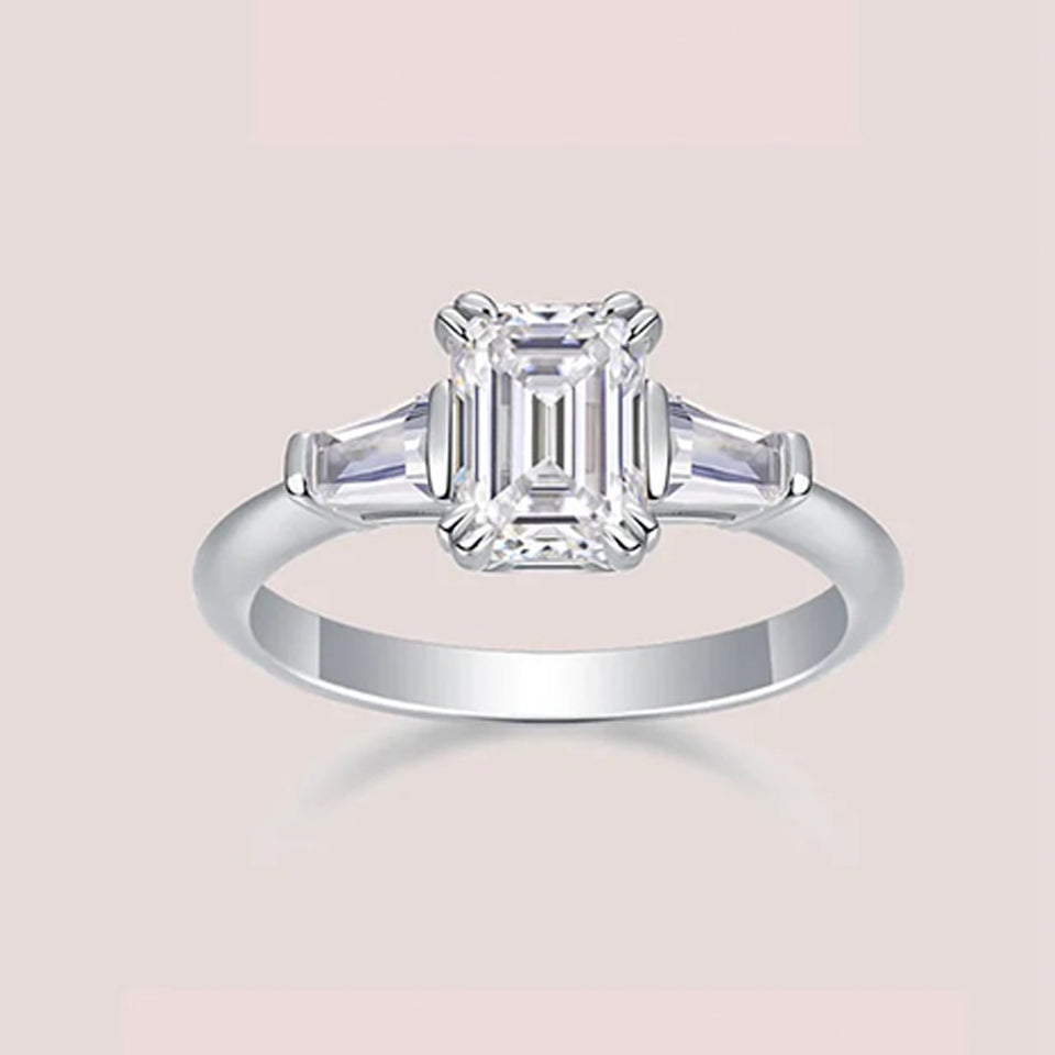 Three Stone Emerald-Cut Moissanite Engagement Ring