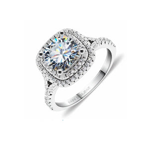 Double Halo Cushion Moissanite Pave Sterling Silver Engagement Ring