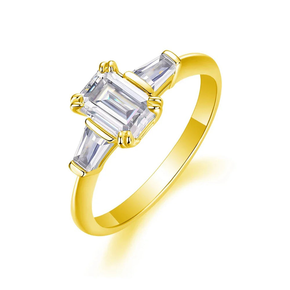 Three Stone Emerald-Cut Moissanite Engagement Ring